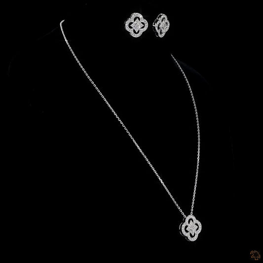 Celeste Clover Diamond Necklace & Earring Set in White Gold – Lab Grown Round Diamonds