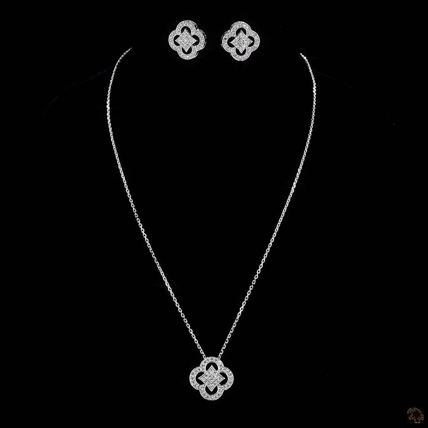 Celeste Clover Diamond Necklace & Earring Set in White Gold – Lab Grown Round Diamonds
