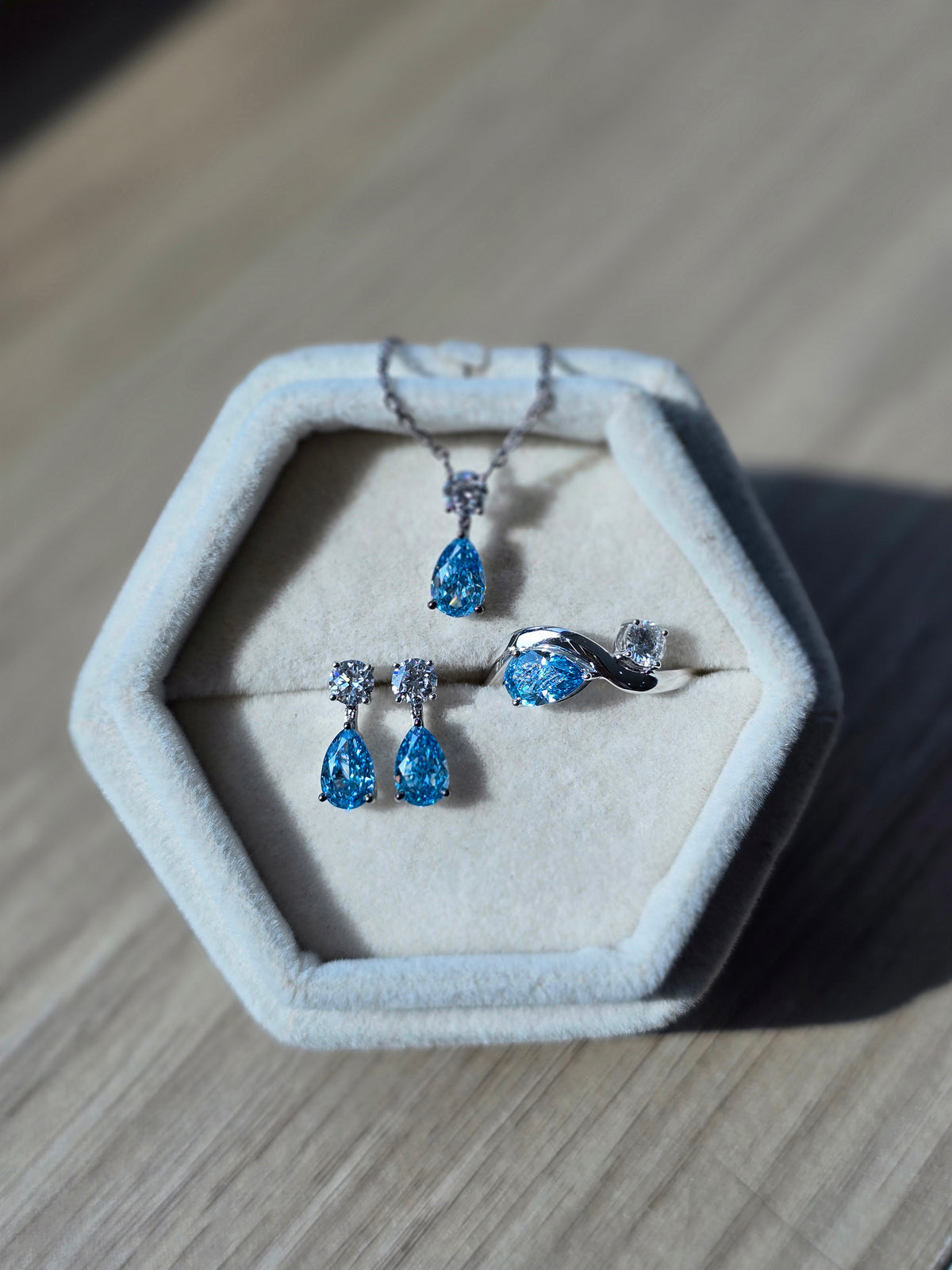 2.20 CTW Drop Earrings With Round Lab Grown Diamonds & Pear Blue Gemstones